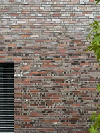 Nahe, frontale Ansicht einer gemischtfarbigen Klinkerfassade mit kleinteiligem, unregelmäßigem Farbmix aus Rot‑, Braun‑, Grau‑ und Beige­tönen. Am linken unteren Bildrand ist ein schmaler Ausschnitt eines Fensters mit dunkler, horizontaler Lamellenjalousie sichtbar. Rechts ragen einige frische, grüne Blätter ins Bild.